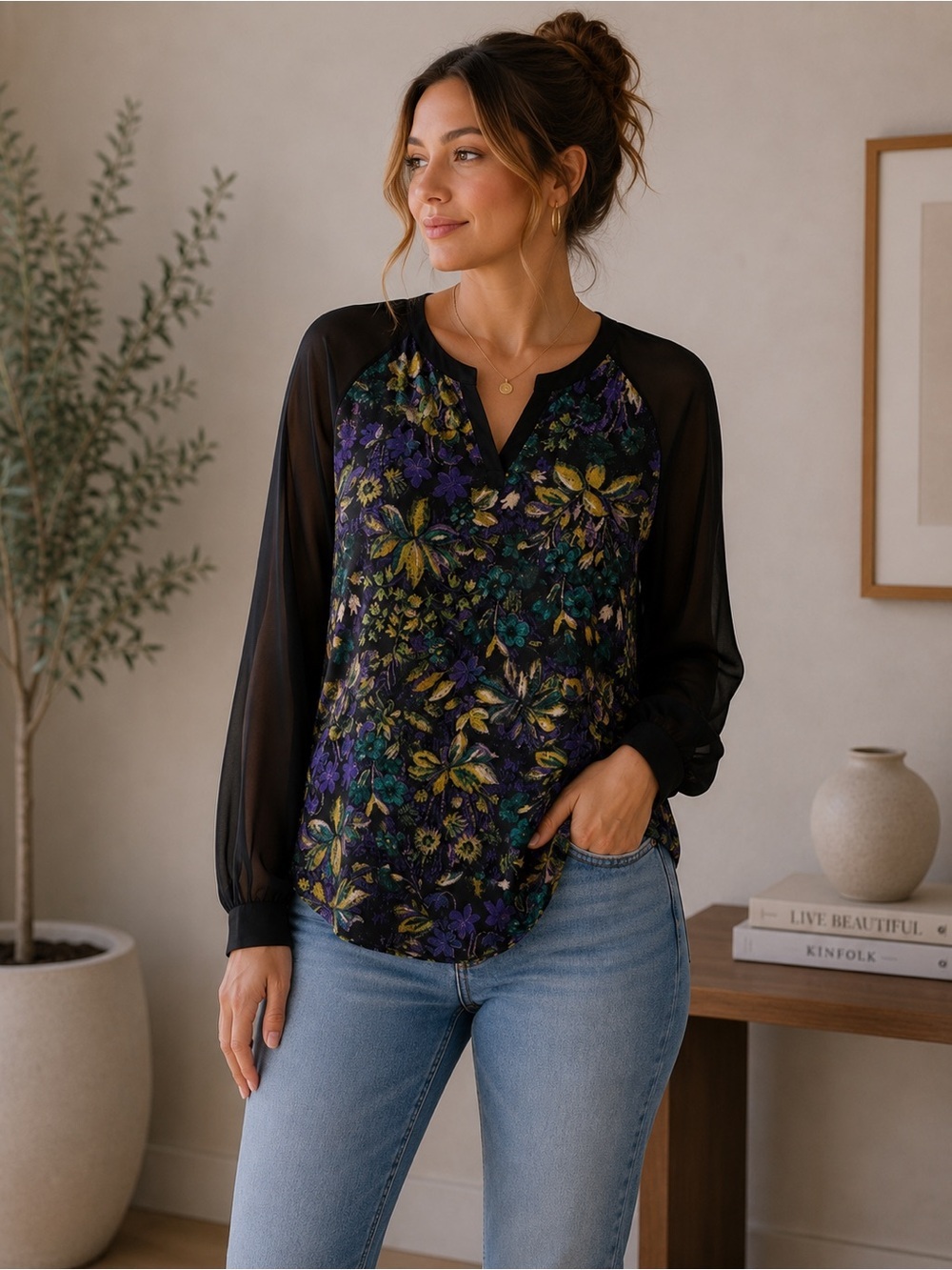 Lost & Found Floral Blouse with Sheer Sleeves Size L Boho Festival Y2K Night Out